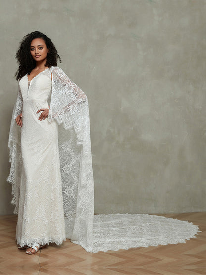 Vestidos de Novia de Encaje con Escote en V Profundo y Chal Incluido
