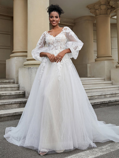 Vestido de Novia de Tul con Espalda Descubierta y Mangas Largas, Estilo de Imagen