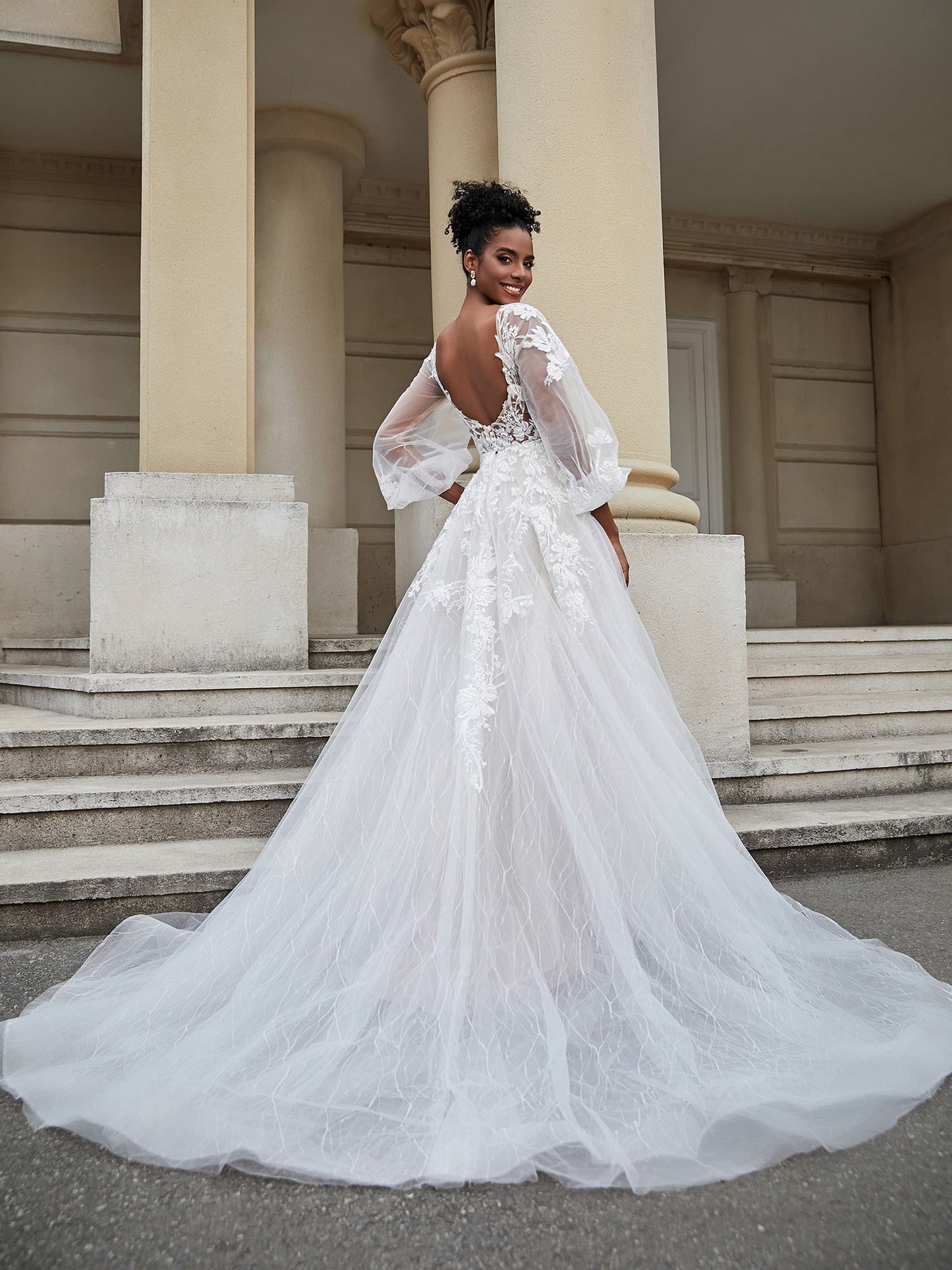 Vestido de Novia de Tul con Espalda Descubierta y Mangas Largas, Estilo de Imagen