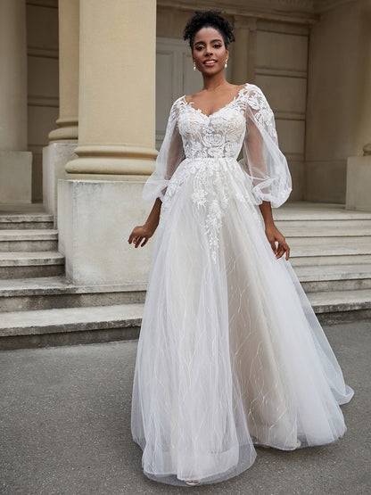 Vestido de Novia de Tul con Espalda Descubierta y Mangas Largas, Estilo de Imagen