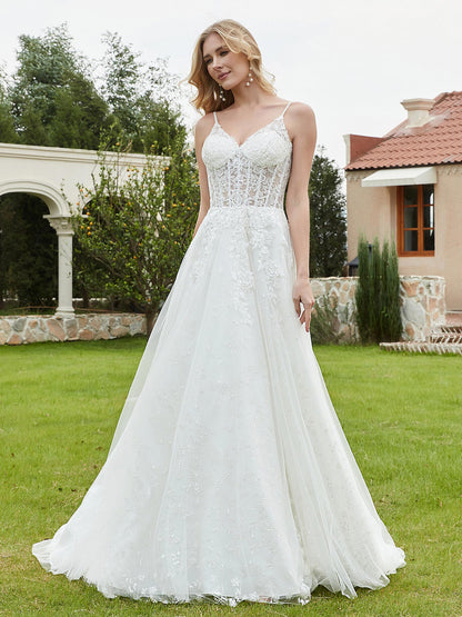 Vestido de Novia A-line con Escote en V y Cola Barrida en Color Marfil