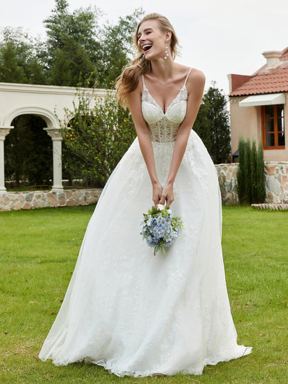 Vestido de Novia A-line con Escote en V y Cola Barrida en Color Marfil