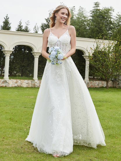 Vestido de Novia A-line con Escote en V y Cola Barrida en Color Marfil
