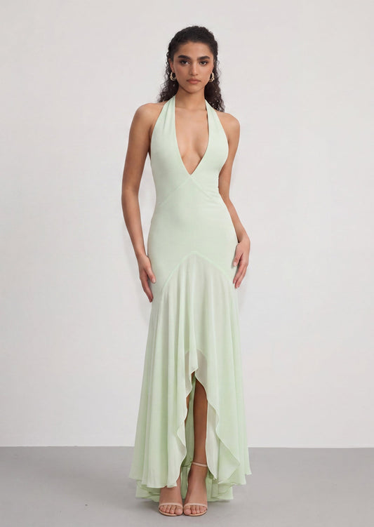 Vestido Maxi Drapado Bryonie en Georgette de Color Salvia