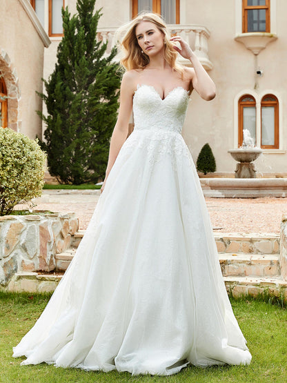 Vestido de Novia de Tul Marfil con Escote en Forma de Corazón y Cola Barrida
