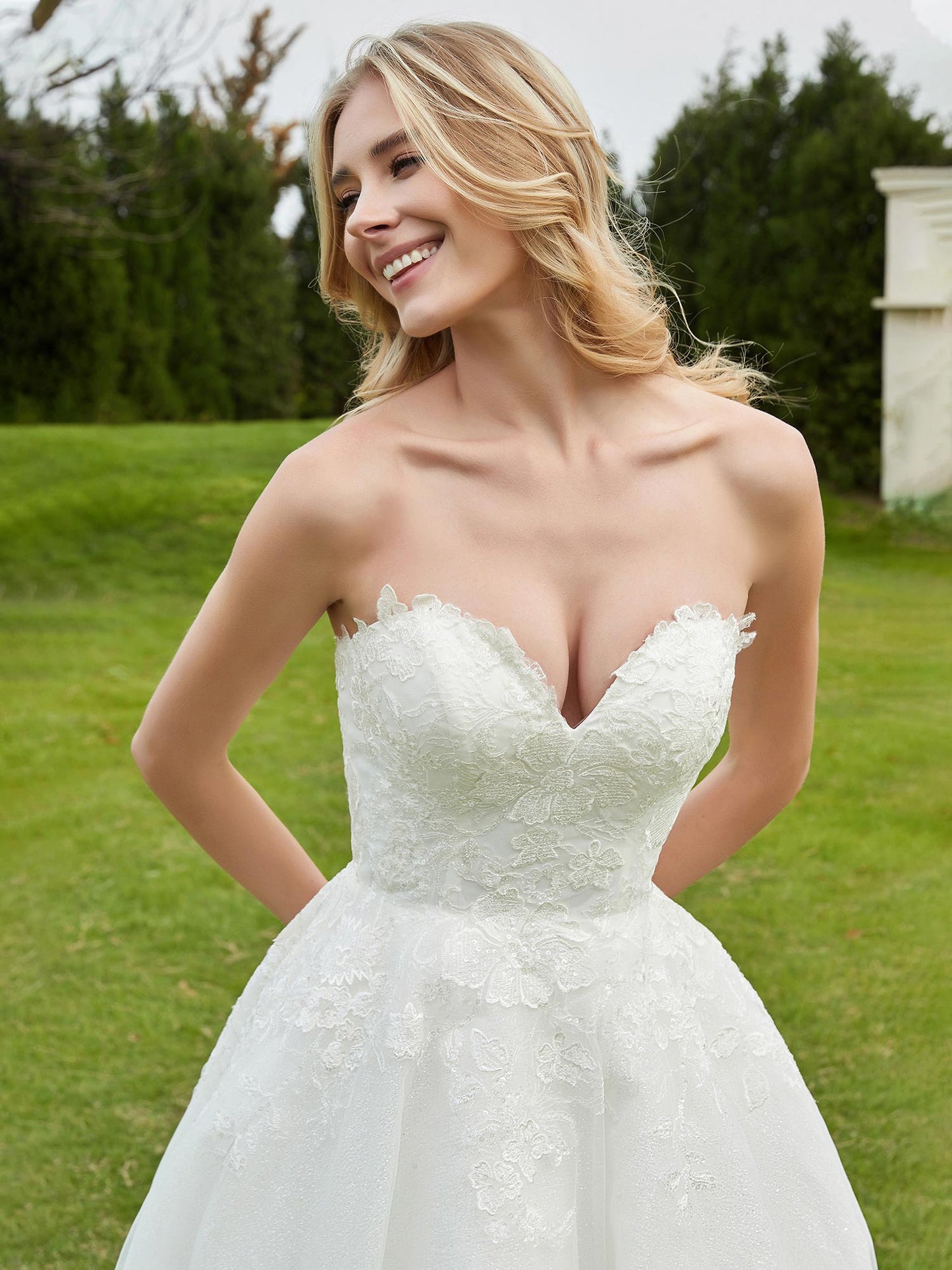 Vestido de Novia de Tul Marfil con Escote en Forma de Corazón y Cola Barrida