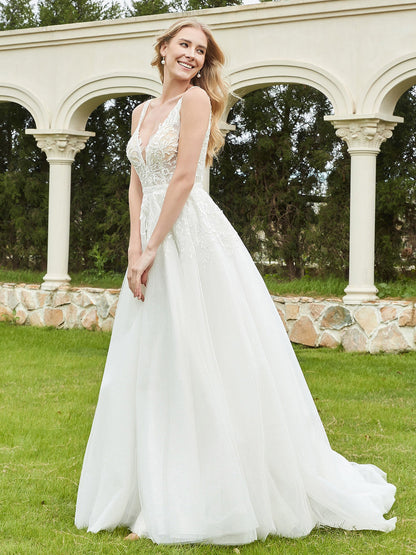 Robe de Mariée A-ligne avec Appliqués et Traîne Balayage en Ivoire
