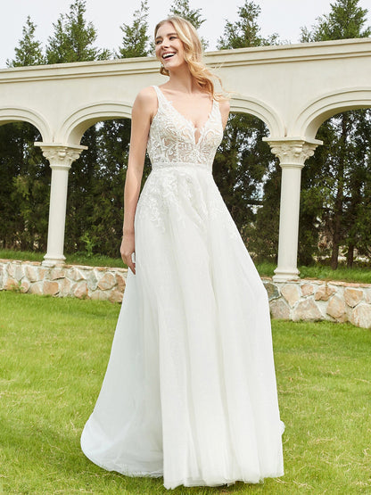Robe de Mariée A-ligne avec Appliqués et Traîne Balayage en Ivoire