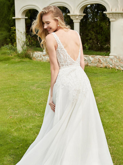 Robe de Mariée A-ligne avec Appliqués et Traîne Balayage en Ivoire