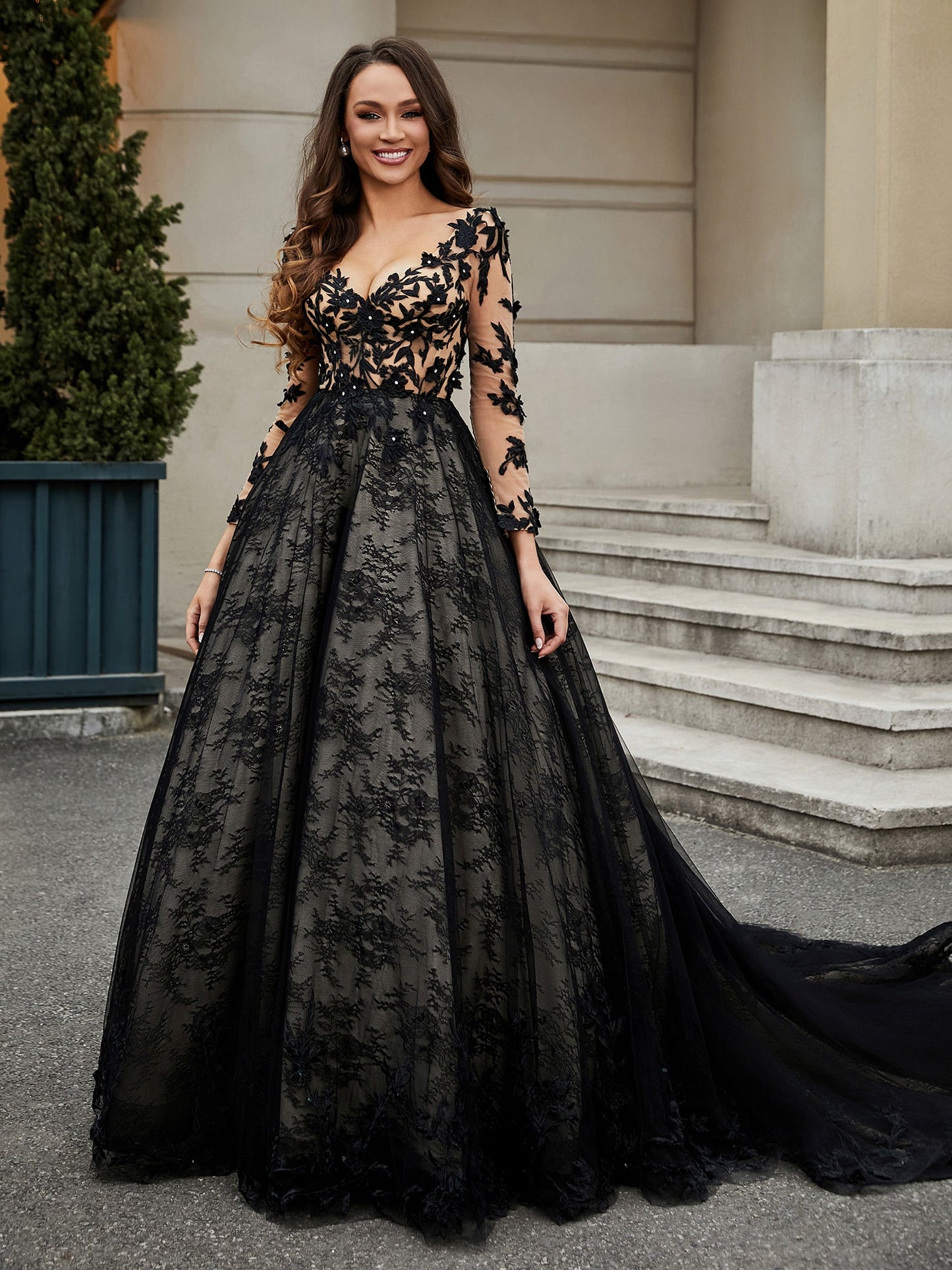Vestido de Baile con Detalles de Flores y Escote en V, Estilo Imagen