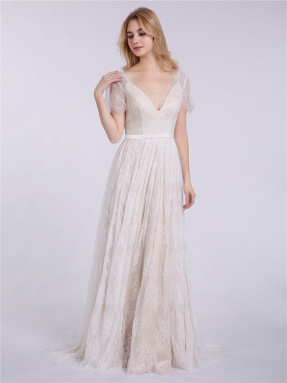 Vestido de Novia Champagne de Encaje con Escote en V y Mangas Cortas