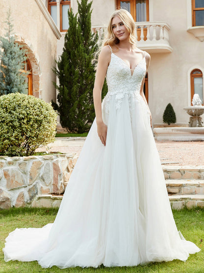 Vestido de Novia A-line con Apliques Florales en Color Marfil