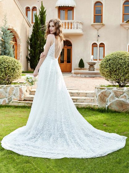 Robe de Mariée A-ligne avec Appliqués à Pois en Ivoire