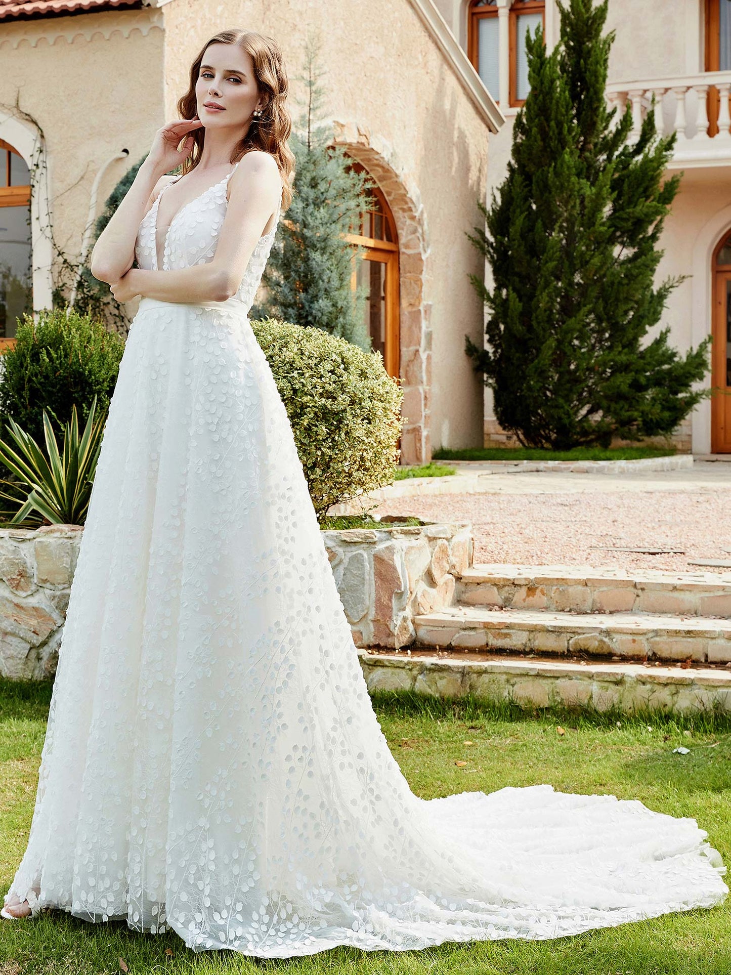 Robe de Mariée A-ligne avec Appliqués à Pois en Ivoire