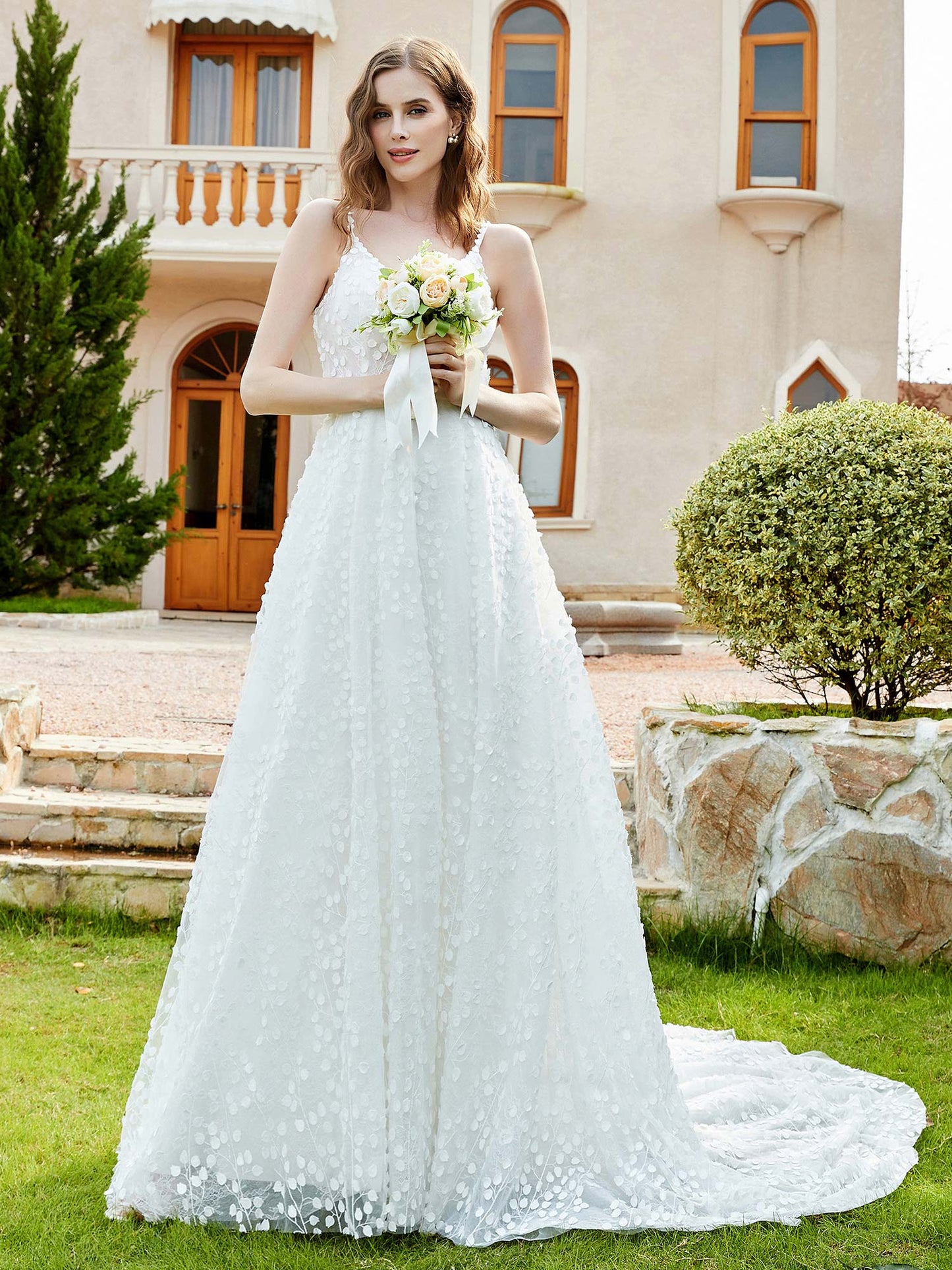 Robe de Mariée A-ligne avec Appliqués à Pois en Ivoire