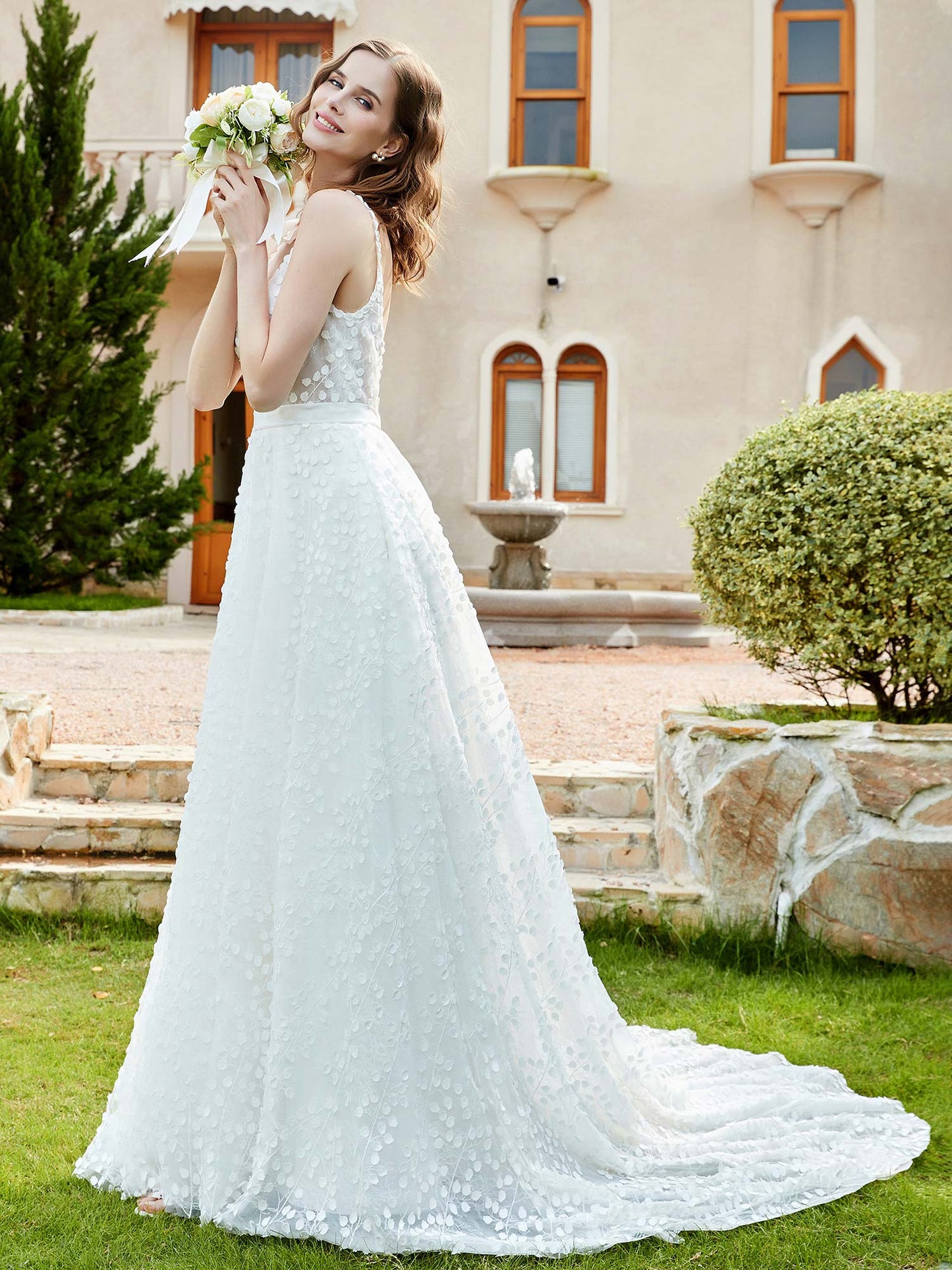 Robe de Mariée A-ligne avec Appliqués à Pois en Ivoire