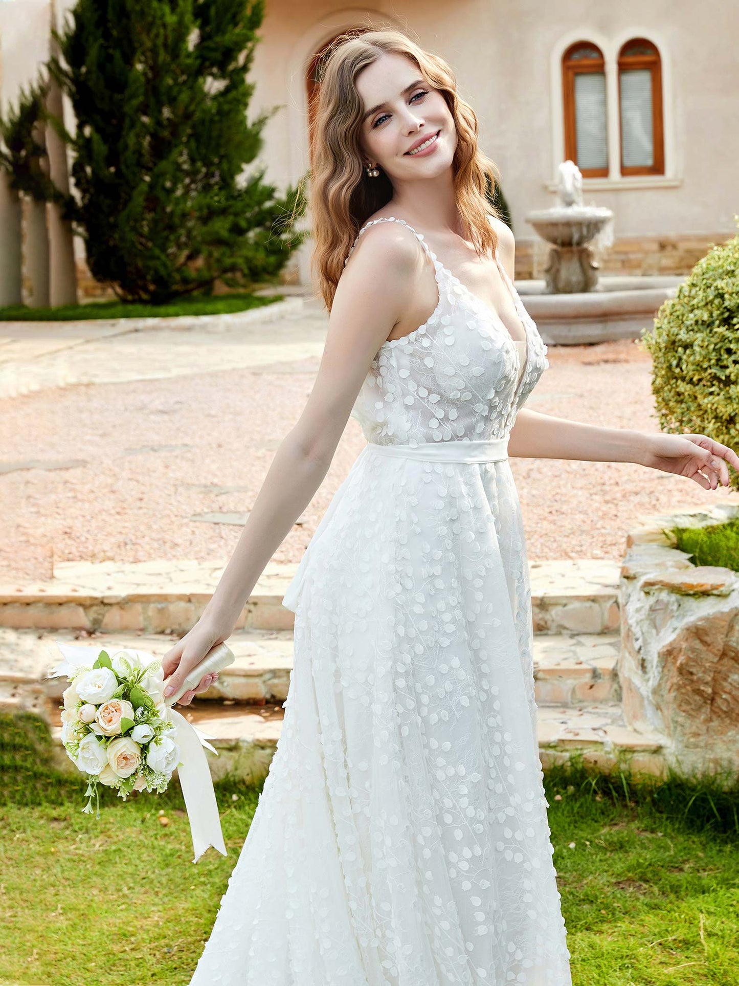 Robe de Mariée A-ligne avec Appliqués à Pois en Ivoire