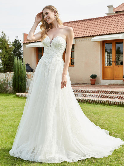 Vestido de Novia Strapless con Apliques de Perlas y Encaje en Color Marfil