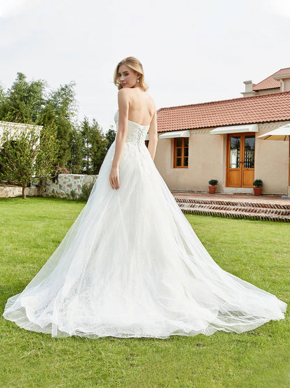 Vestido de Novia Strapless con Apliques de Perlas y Encaje en Color Marfil