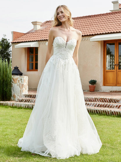 Vestido de Novia Strapless con Apliques de Perlas y Encaje en Color Marfil