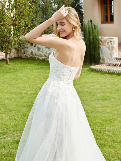 Vestido de Novia Strapless con Apliques de Perlas y Encaje en Color Marfil