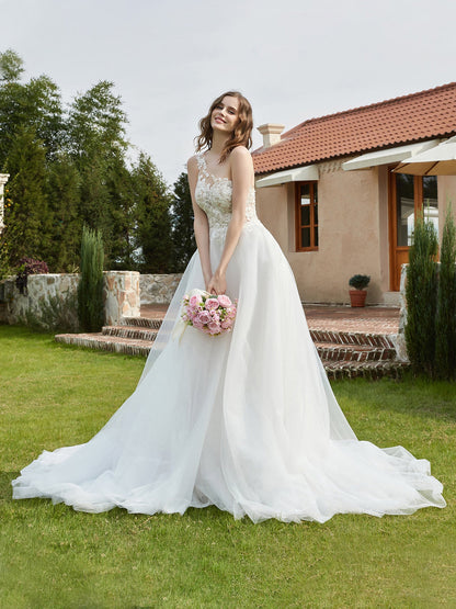 Robe de Mariée en Dentelle Ivoire avec Appliqué à Une Épaule