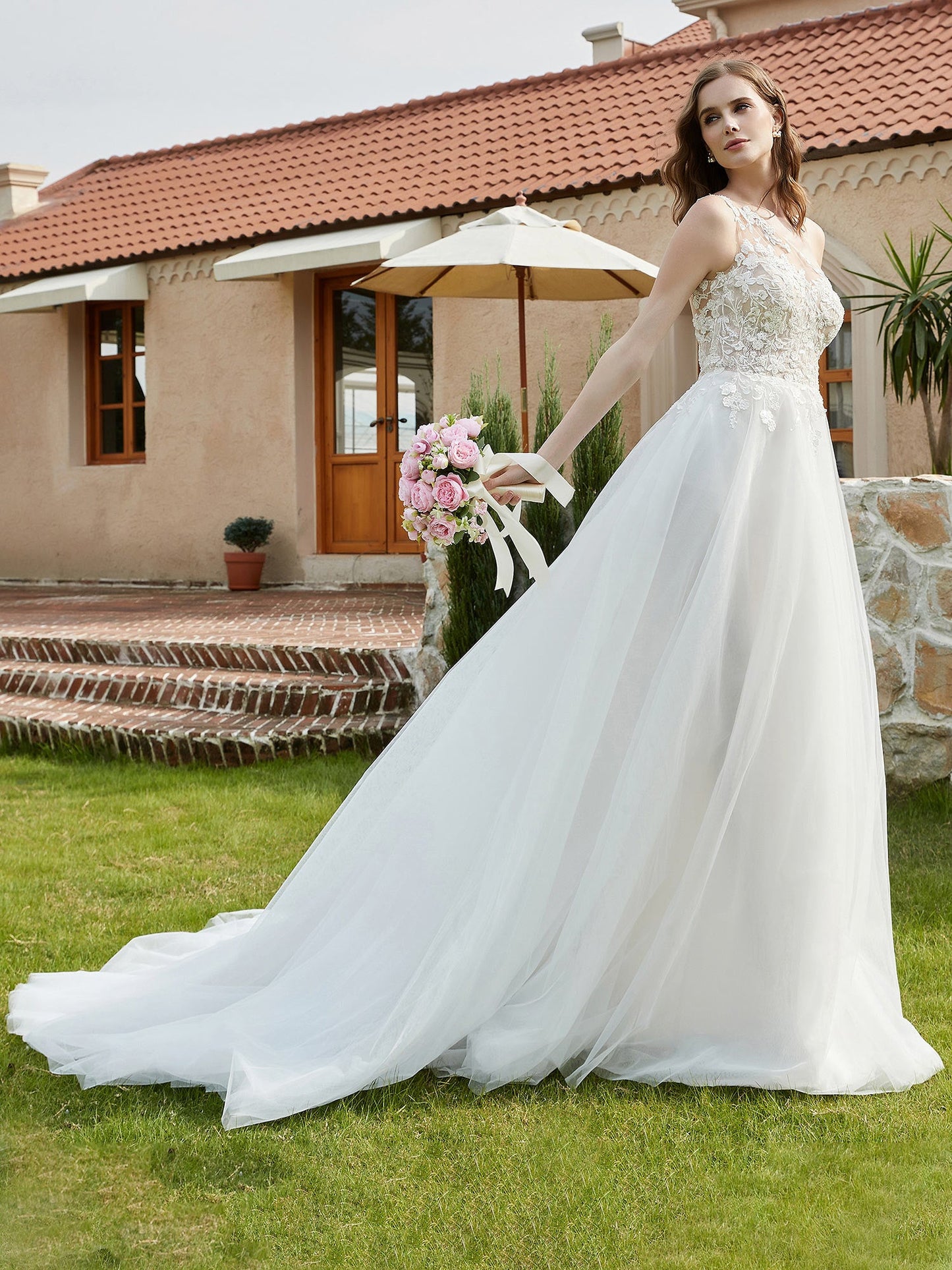 Robe de Mariée en Dentelle Ivoire avec Appliqué à Une Épaule