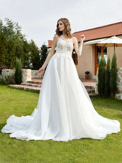 Robe de Mariée en Dentelle Ivoire avec Appliqué à Une Épaule