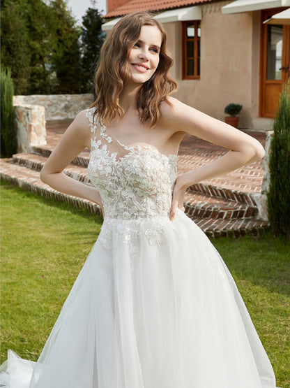 Robe de Mariée en Dentelle Ivoire avec Appliqué à Une Épaule