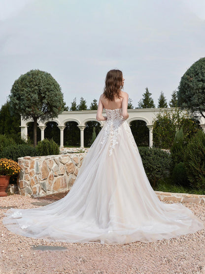Vestido de Novia de Tul Marfil con Escote Corazón y Lentejuelas