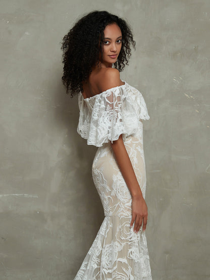 Vestido de Novia Sirena de Encaje con Diseño Fuera del Hombro - Estilo Similar a la Imagen