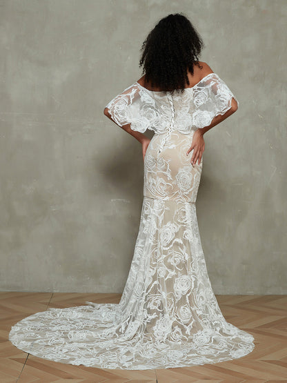 Vestido de Novia Sirena de Encaje con Diseño Fuera del Hombro - Estilo Similar a la Imagen
