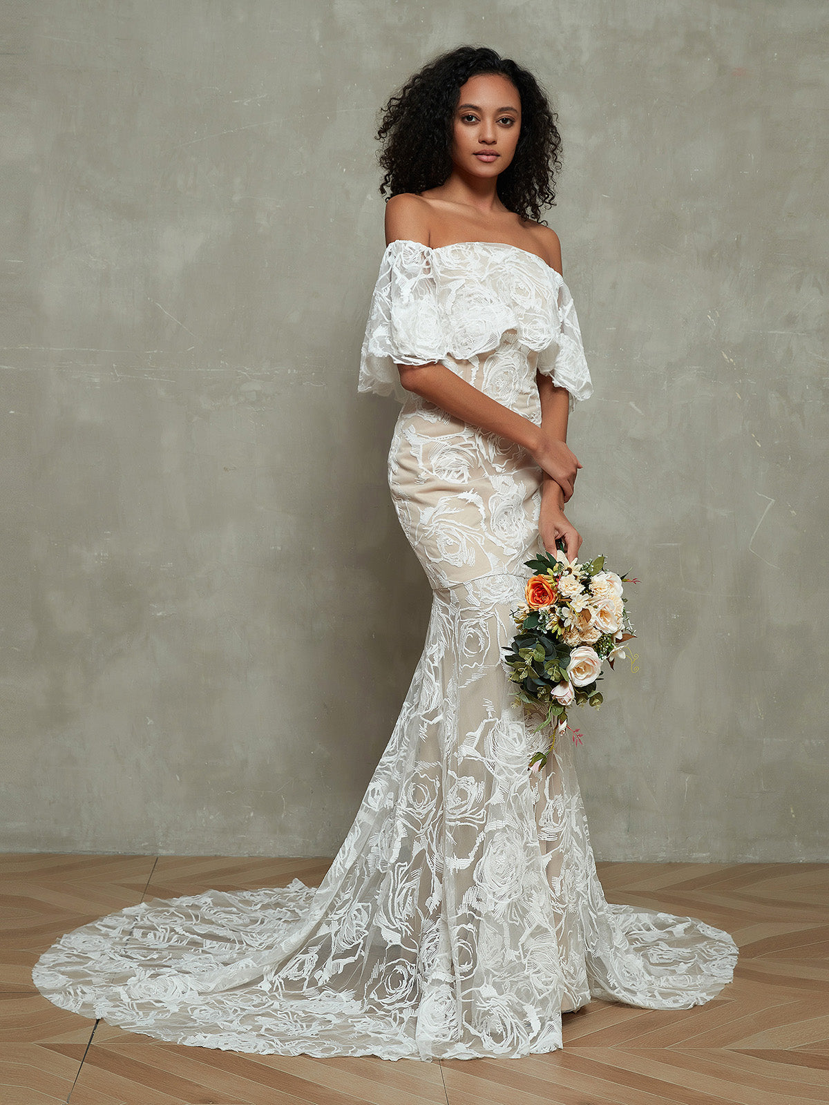 Vestido de Novia Sirena de Encaje con Diseño Fuera del Hombro - Estilo Similar a la Imagen