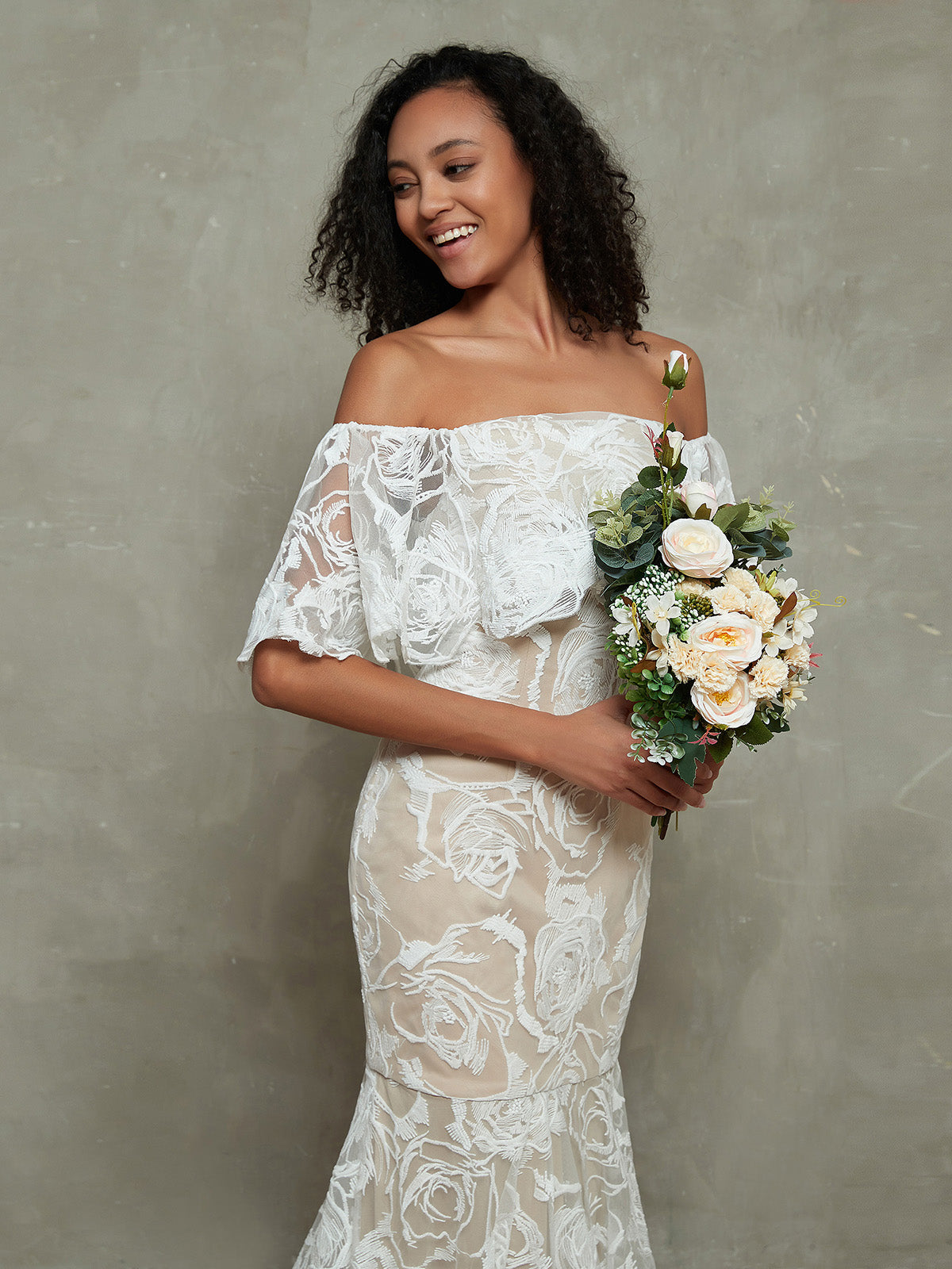 Vestido de Novia Sirena de Encaje con Diseño Fuera del Hombro - Estilo Similar a la Imagen