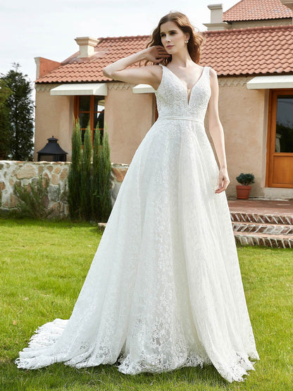 Vestido de Novia Sin Mangas de Encaje Plisado en Color Marfil