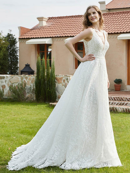 Vestido de Novia Sin Mangas de Encaje Plisado en Color Marfil
