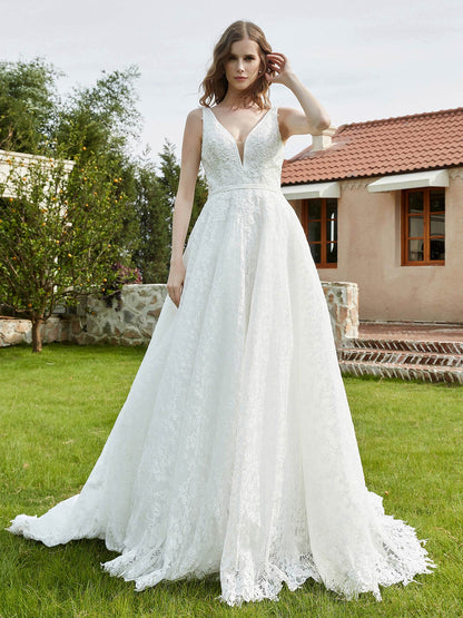 Vestido de Novia Sin Mangas de Encaje Plisado en Color Marfil
