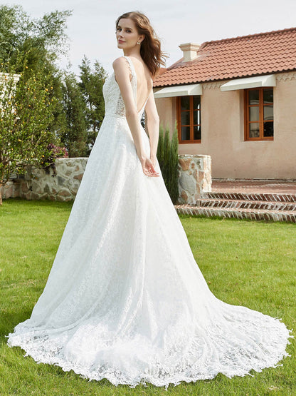 Vestido de Novia Sin Mangas de Encaje Plisado en Color Marfil