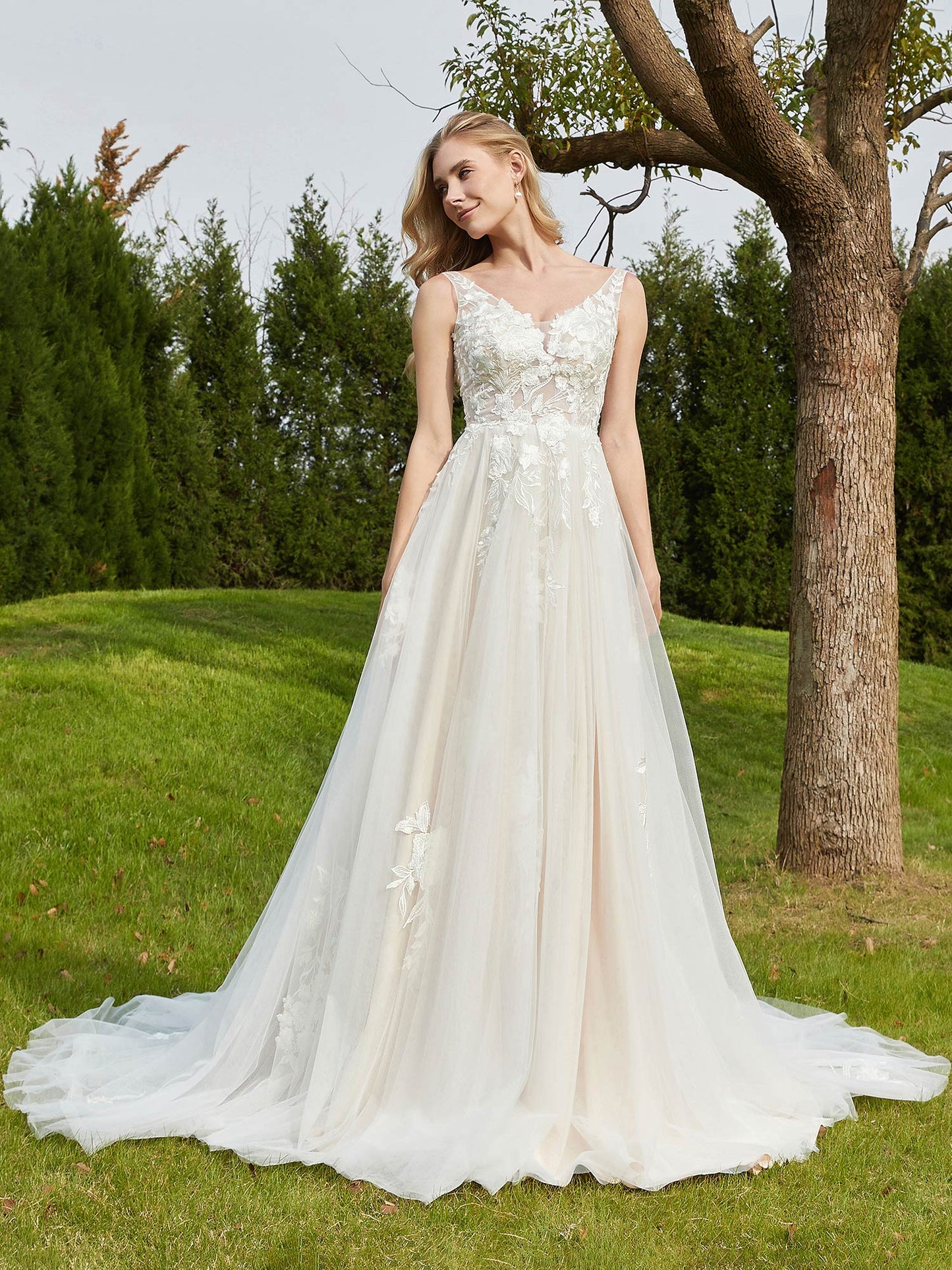 Vestido de Novia A-line Plisado en Tul con Espalda Descubierta en Marfil/Champán