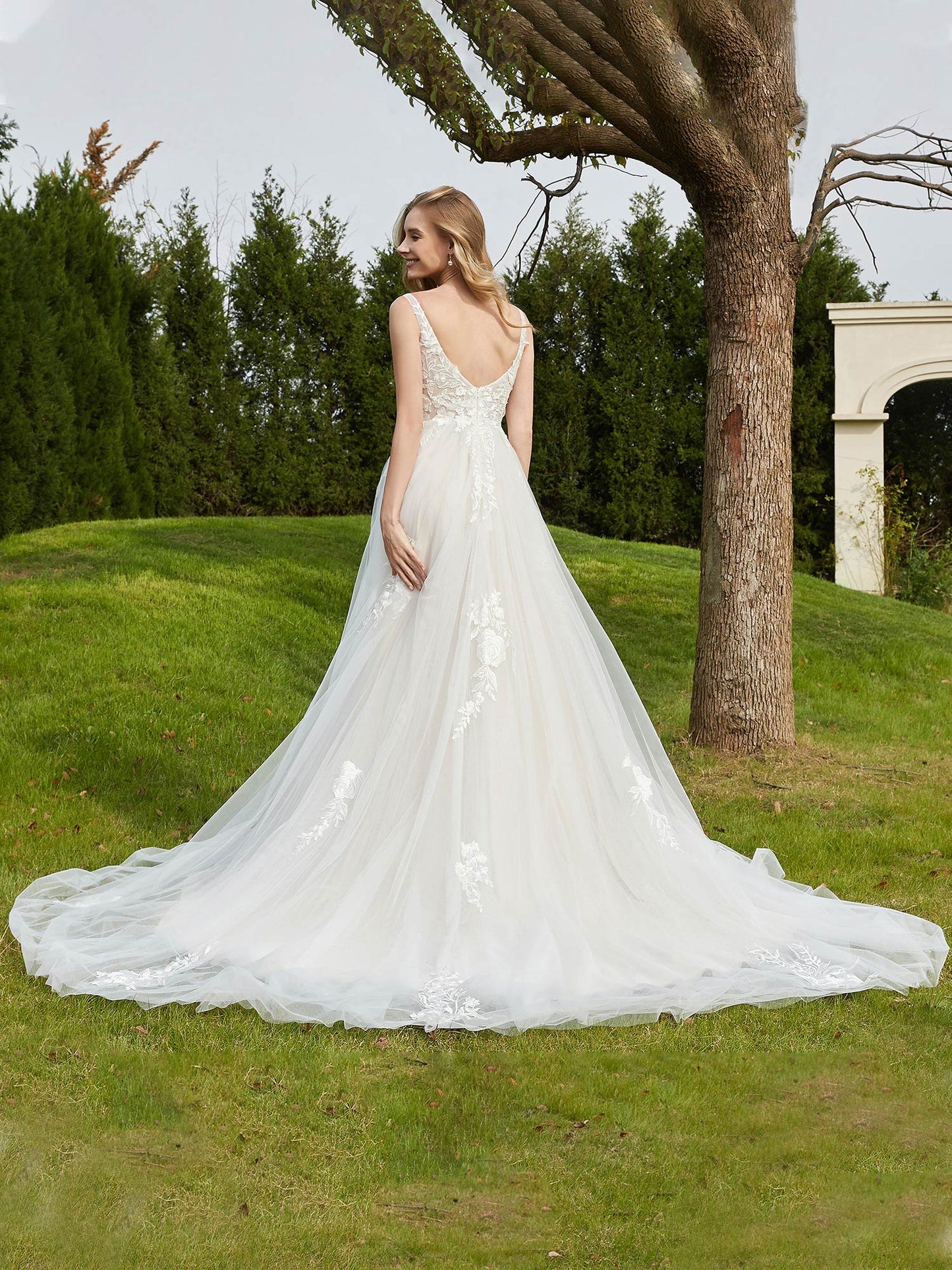 Vestido de Novia A-line Plisado en Tul con Espalda Descubierta en Marfil/Champán