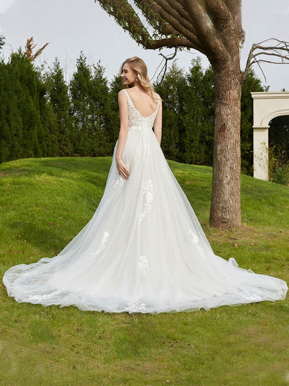 Vestido de Novia A-line Plisado en Tul con Espalda Descubierta en Marfil/Champán
