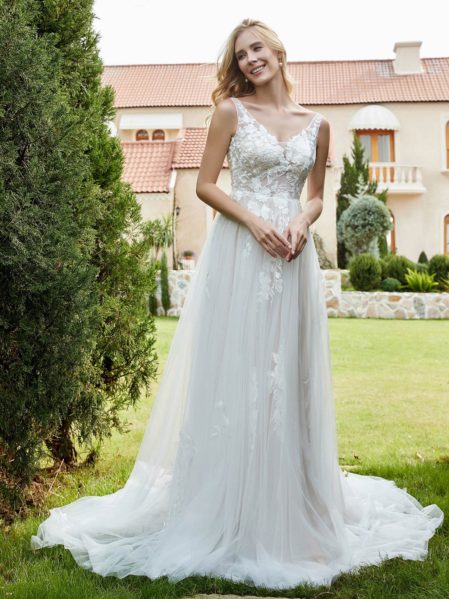 Vestido de Novia A-line Plisado en Tul con Espalda Descubierta en Marfil/Champán