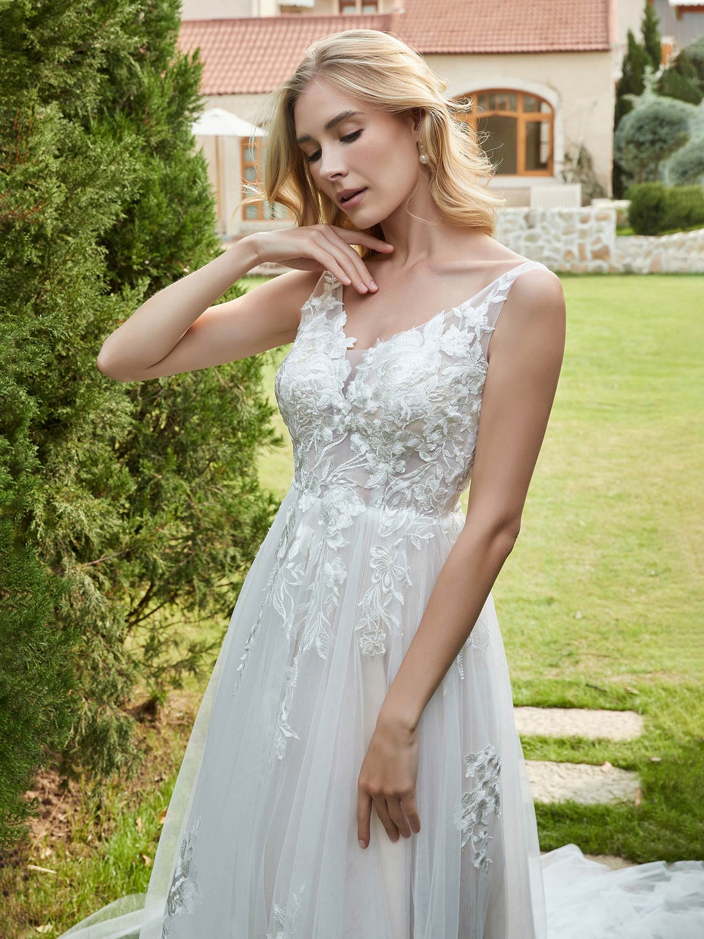 Vestido de Novia A-line Plisado en Tul con Espalda Descubierta en Marfil/Champán