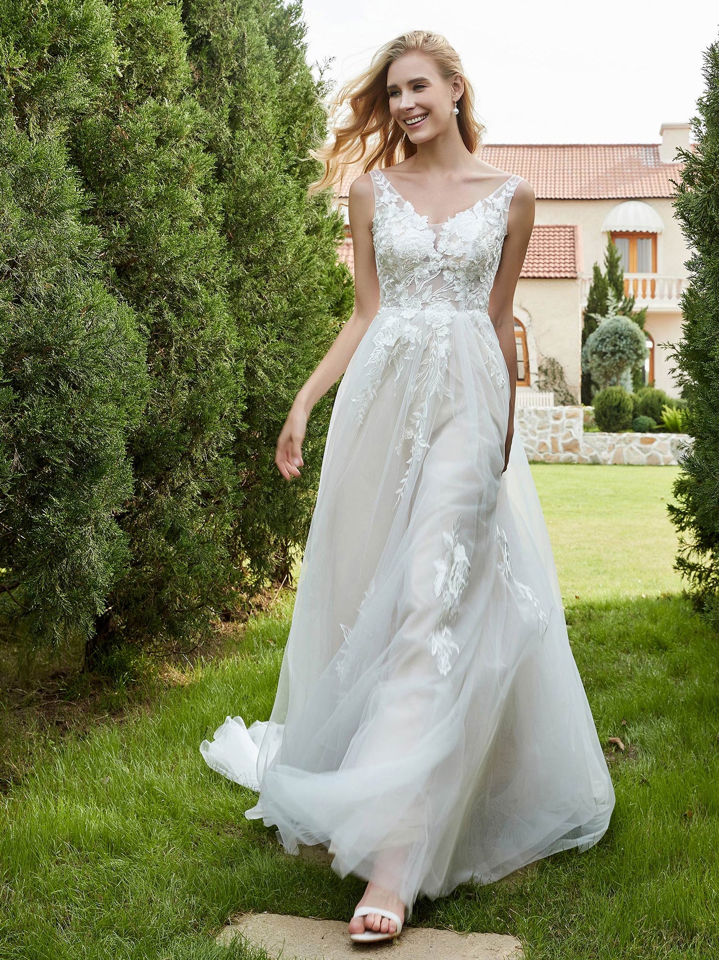 Vestido de Novia A-line Plisado en Tul con Espalda Descubierta en Marfil/Champán