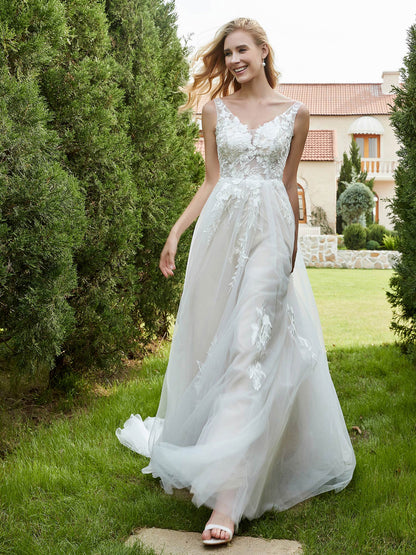 Vestido de Novia A-line Plisado en Tul con Espalda Descubierta en Marfil/Champán