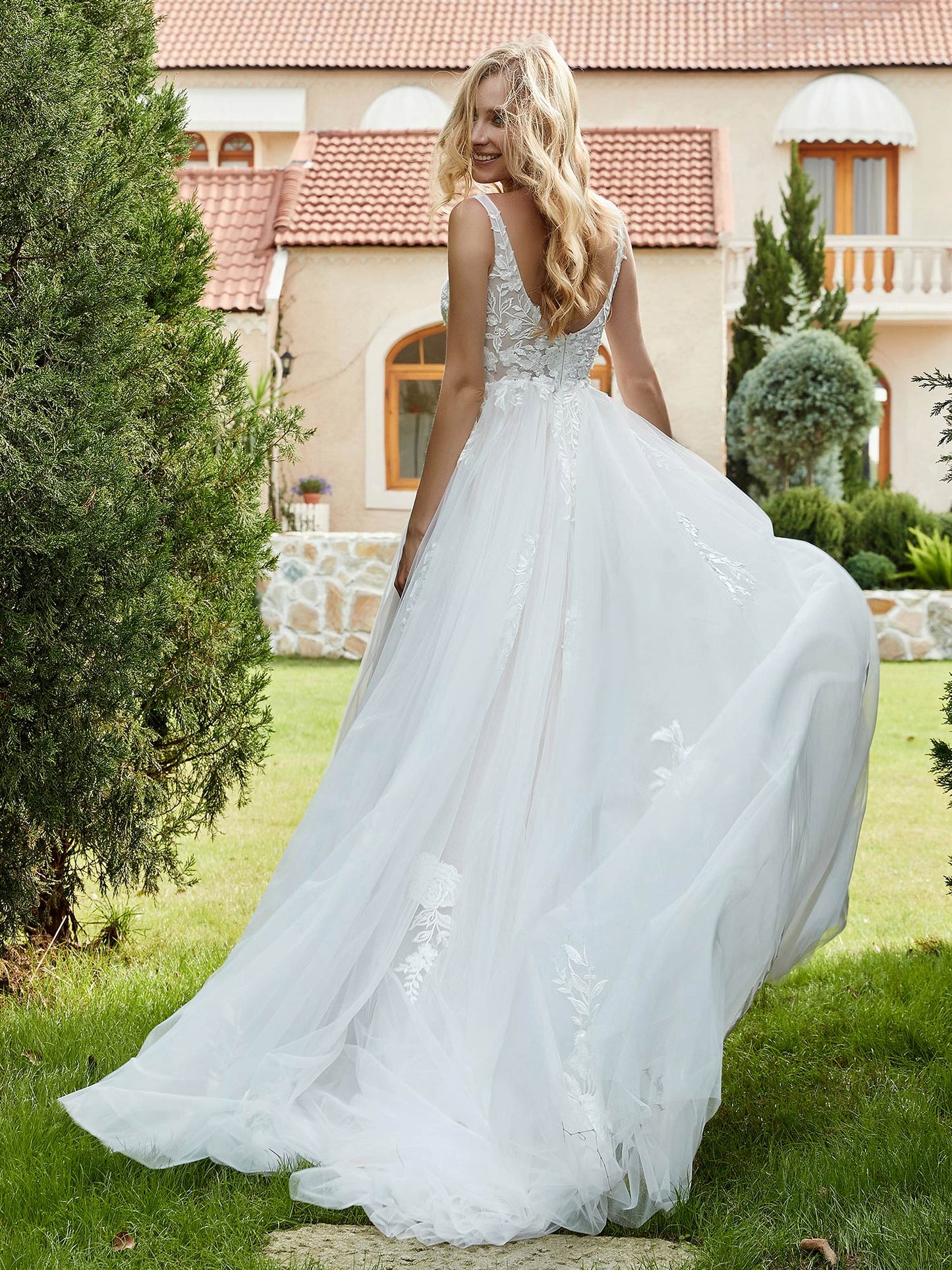 Vestido de Novia A-line Plisado en Tul con Espalda Descubierta en Marfil/Champán