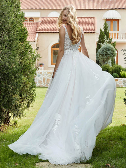 Vestido de Novia A-line Plisado en Tul con Espalda Descubierta en Marfil/Champán