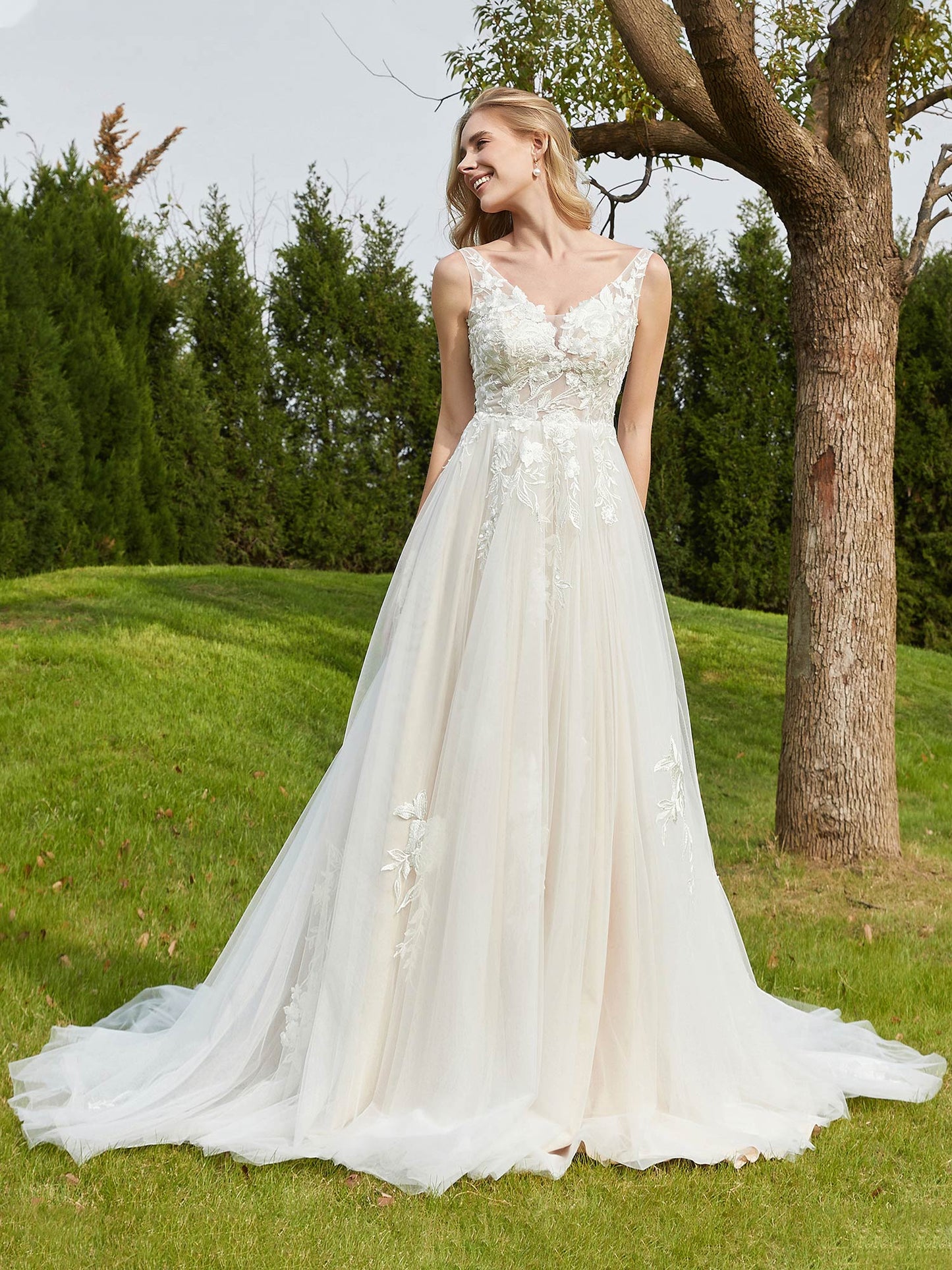 Vestido de Novia A-line Plisado en Tul con Espalda Descubierta en Marfil/Champán