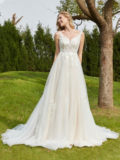 Vestido de Novia A-line Plisado en Tul con Espalda Descubierta en Marfil/Champán