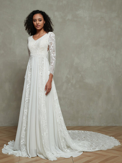 Bohème Vestido de Novia de Muselina y Encaje con Mangas Largas Blancas